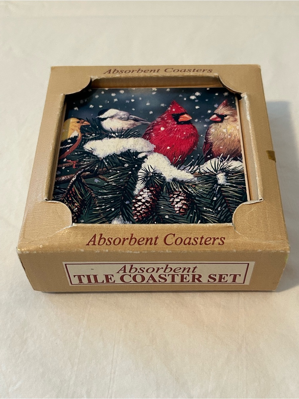 4 Red cardinal absorbent coasters coffee table set tile winter nature bird snow